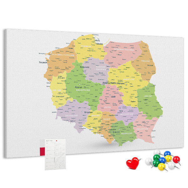 Tablica korkowa z nadrukiem Mapa Polski z podziałem administracyjnym.