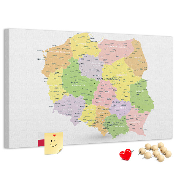 Tablica korkowa z nadrukiem Mapa Polski z podziałem administracyjnym.