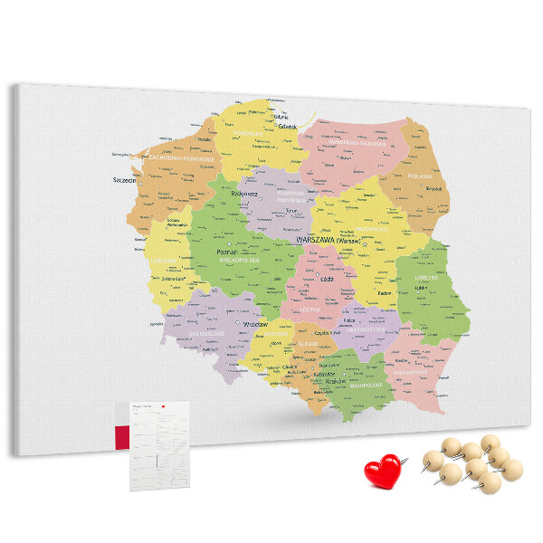 Tablica korkowa z nadrukiem Mapa Polski z podziałem administracyjnym.