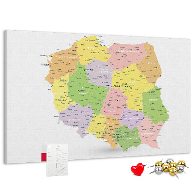 Tablica korkowa z nadrukiem Mapa Polski z podziałem administracyjnym.