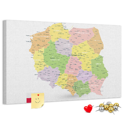 Tablica korkowa z nadrukiem Mapa Polski z podziałem administracyjnym.