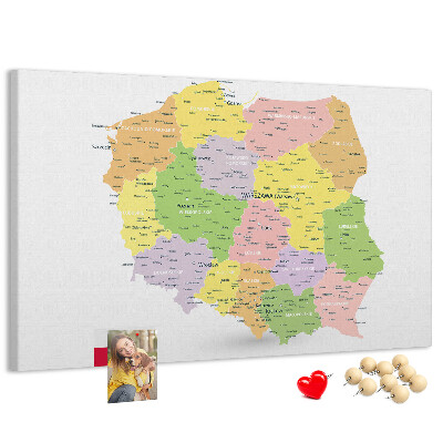 Tablica korkowa z nadrukiem Mapa Polski z podziałem administracyjnym.