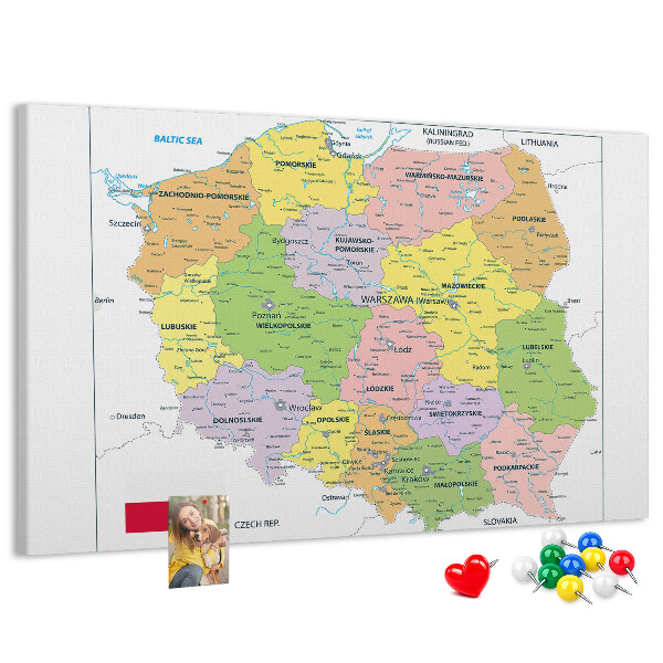 Tablica korkowa Mapa Polski z kolorowymi województwami