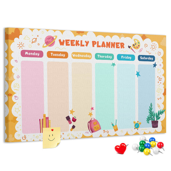Tablica korkowa z nadrukiem Kolorowy planner tygodniowy z motywami szkolnymi