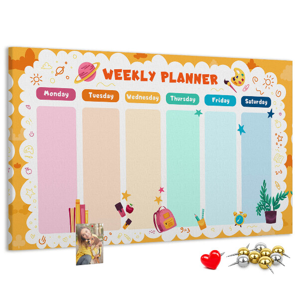 Tablica korkowa z nadrukiem Kolorowy planner tygodniowy z motywami szkolnymi