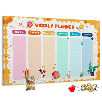 Tablica korkowa z nadrukiem Kolorowy planner tygodniowy z motywami szkolnymi