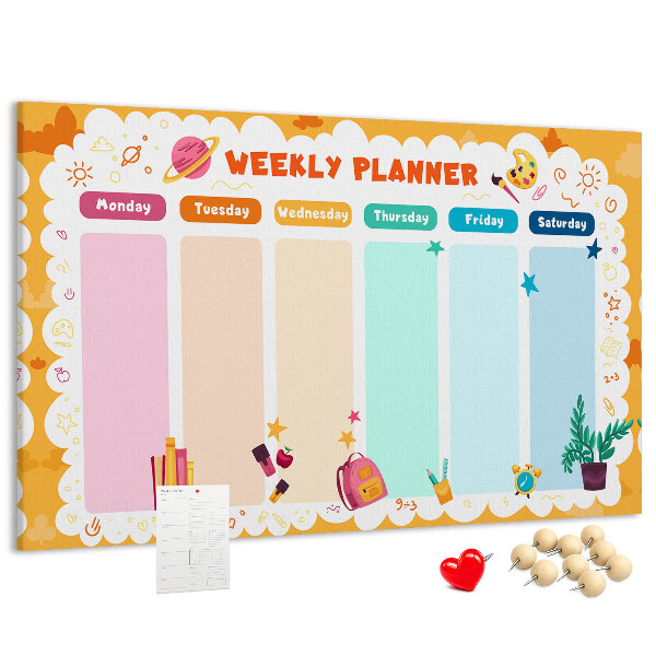 Tablica korkowa z nadrukiem Kolorowy planner tygodniowy z motywami szkolnymi