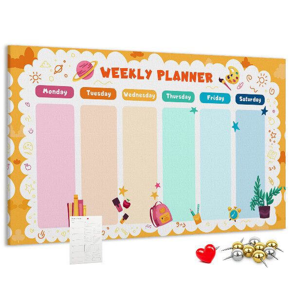Tablica korkowa z nadrukiem Kolorowy planner tygodniowy z motywami szkolnymi