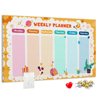 Tablica korkowa z nadrukiem Kolorowy planner tygodniowy z motywami szkolnymi