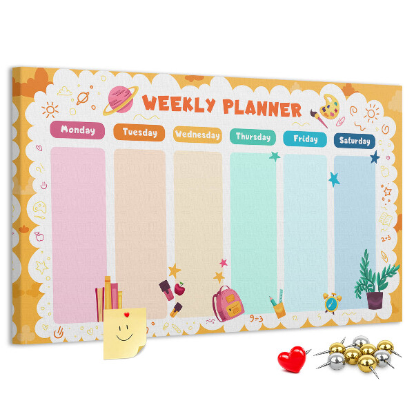 Tablica korkowa z nadrukiem Kolorowy planner tygodniowy z motywami szkolnymi