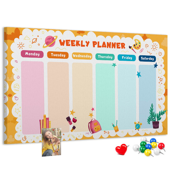 Tablica korkowa z nadrukiem Kolorowy planner tygodniowy z motywami szkolnymi