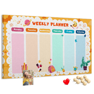 Tablica korkowa z nadrukiem Kolorowy planner tygodniowy z motywami szkolnymi