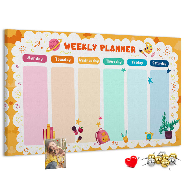 Tablica korkowa z nadrukiem Kolorowy planner tygodniowy z motywami szkolnymi