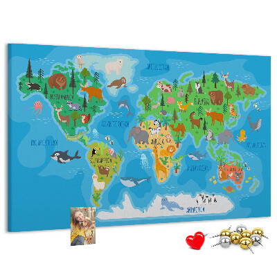 Tablica korkowa Mapa świata z ilustracjami zwierząt.