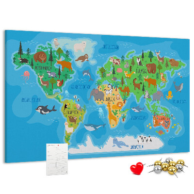 Tablica korkowa Mapa świata z ilustracjami zwierząt.