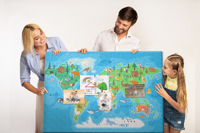 Tablica korkowa Mapa świata z ilustracjami zwierząt.