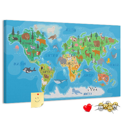 Tablica korkowa Mapa świata z ilustracjami zwierząt.