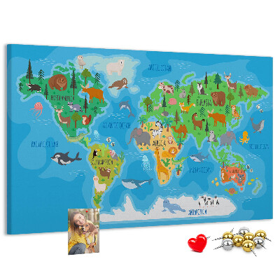 Tablica korkowa Mapa świata z ilustracjami zwierząt.