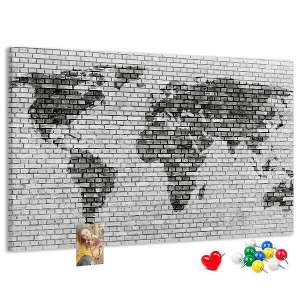 Tablica korkowa ozdobna Mapa świata na ceglanej ścianie