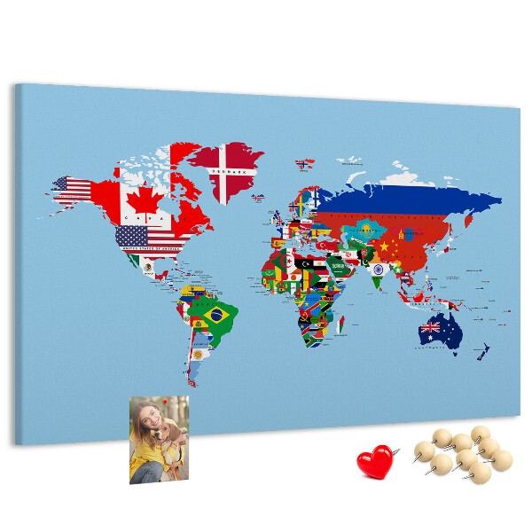 Tablica korkowa z nadrukiem Mapa świata z flagami krajów