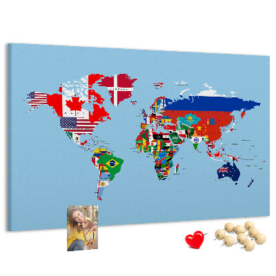 Tablica korkowa z nadrukiem Mapa świata z flagami krajów