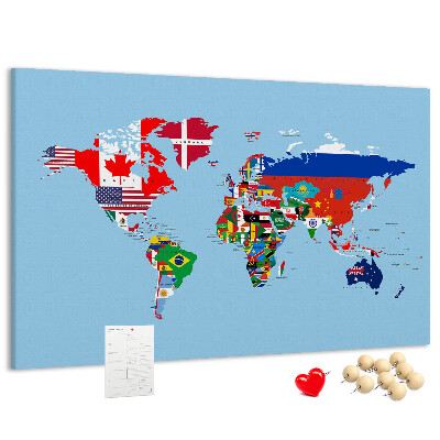 Tablica korkowa z nadrukiem Mapa świata z flagami krajów