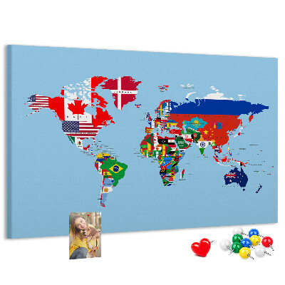 Tablica korkowa z nadrukiem Mapa świata z flagami krajów