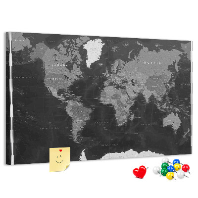 Tablica korkowa Czarna mapa świata z konturami krajów