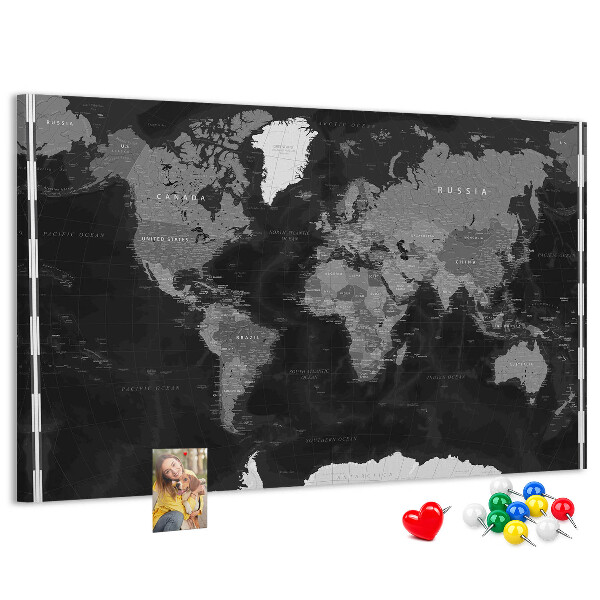Tablica korkowa Czarna mapa świata z konturami krajów