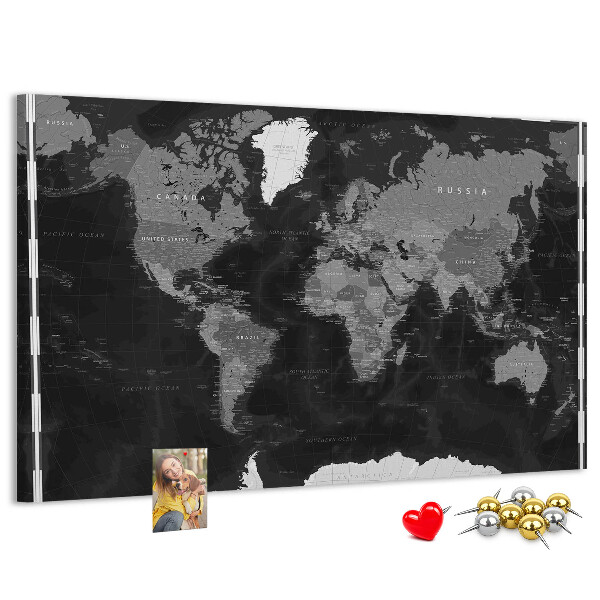 Tablica korkowa Czarna mapa świata z konturami krajów