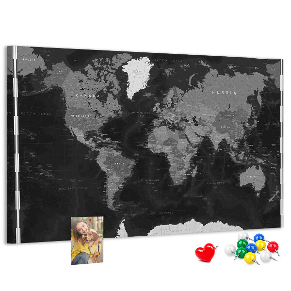 Tablica korkowa Czarna mapa świata z konturami krajów