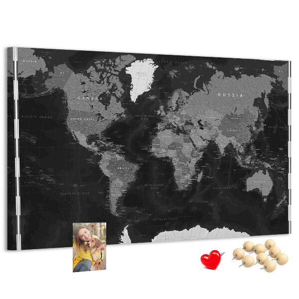 Tablica korkowa Czarna mapa świata z konturami krajów