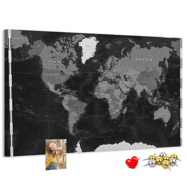 Tablica korkowa Czarna mapa świata z konturami krajów