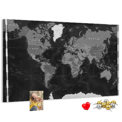 Tablica korkowa Czarna mapa świata z konturami krajów