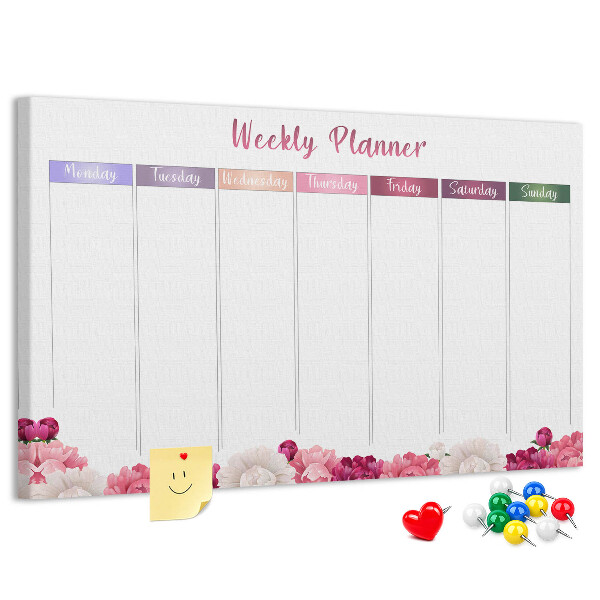 Tablica korkowa Kwiecisty planner tygodniowy z kolorami.
