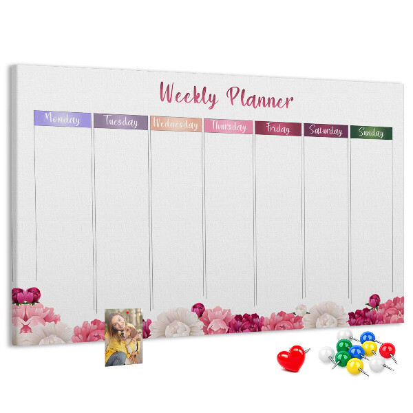 Tablica korkowa Kwiecisty planner tygodniowy z kolorami.