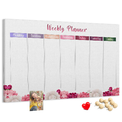 Tablica korkowa Kwiecisty planner tygodniowy z kolorami.
