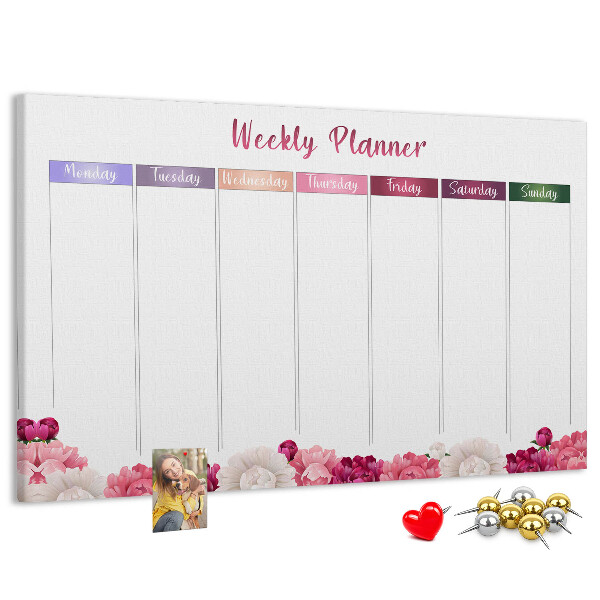 Tablica korkowa Kwiecisty planner tygodniowy z kolorami.