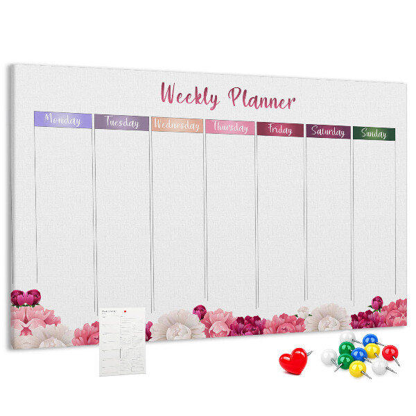 Tablica korkowa Kwiecisty planner tygodniowy z kolorami.