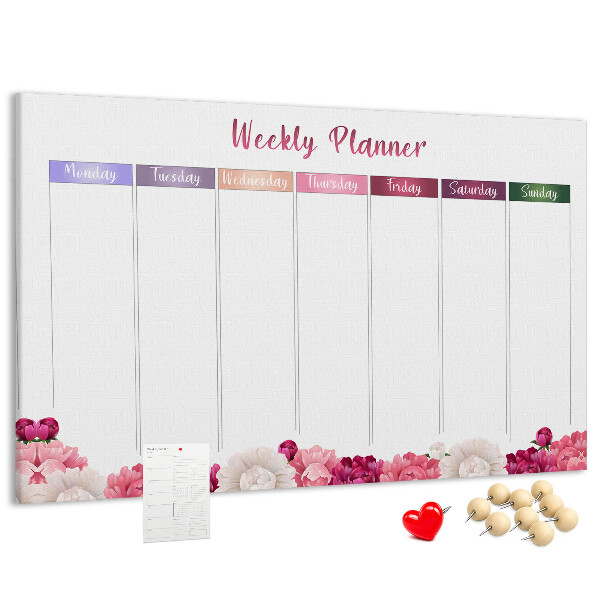 Tablica korkowa Kwiecisty planner tygodniowy z kolorami.