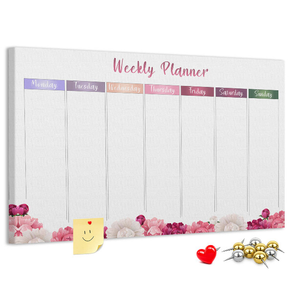 Tablica korkowa Kwiecisty planner tygodniowy z kolorami.