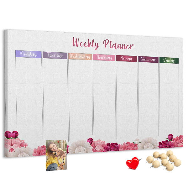 Tablica korkowa Kwiecisty planner tygodniowy z kolorami.