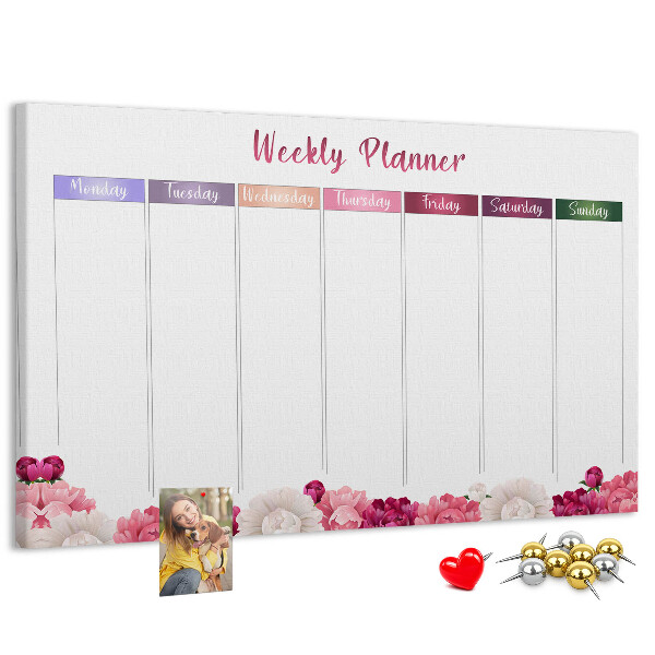 Tablica korkowa Kwiecisty planner tygodniowy z kolorami.