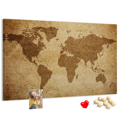 Tablica korkowa z nadrukiem Starożytna mapa świata na tle brązu