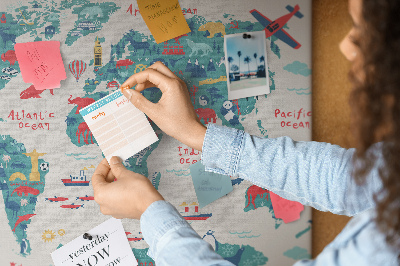 Tablica korkowa ozdobna Kolorowa mapa świata z ikonami zwierząt