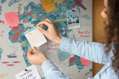 Tablica korkowa ozdobna Kolorowa mapa świata z ikonami zwierząt