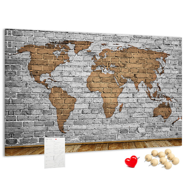 Tablica korkowa z nadrukiem Mapa świata na ceglanej ścianie