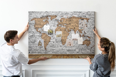 Tablica korkowa z nadrukiem Mapa świata na ceglanej ścianie