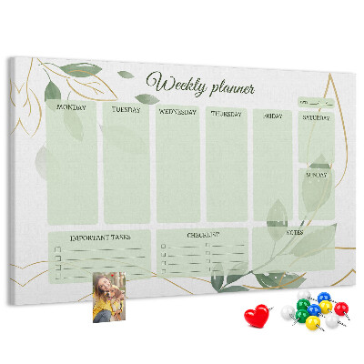 Tablica korkowa ozdobna Zielony planner tygodniowy z roślinnymi akcentami