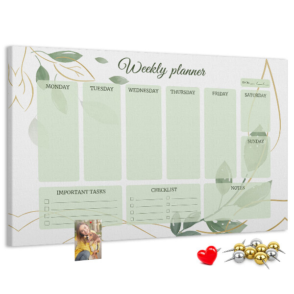 Tablica korkowa ozdobna Zielony planner tygodniowy z roślinnymi akcentami